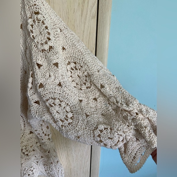 Vintage Solitaire XL Crocheted Knit Top Beige Circles Poplin Short Bubble Sleeve - Picture 2 of 11